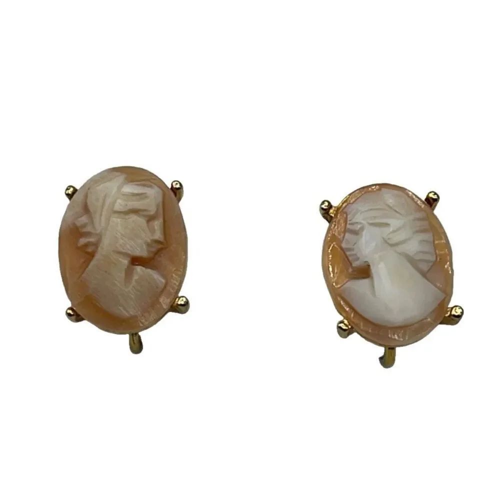 Vintage unique real carved shell cameo clip earrings